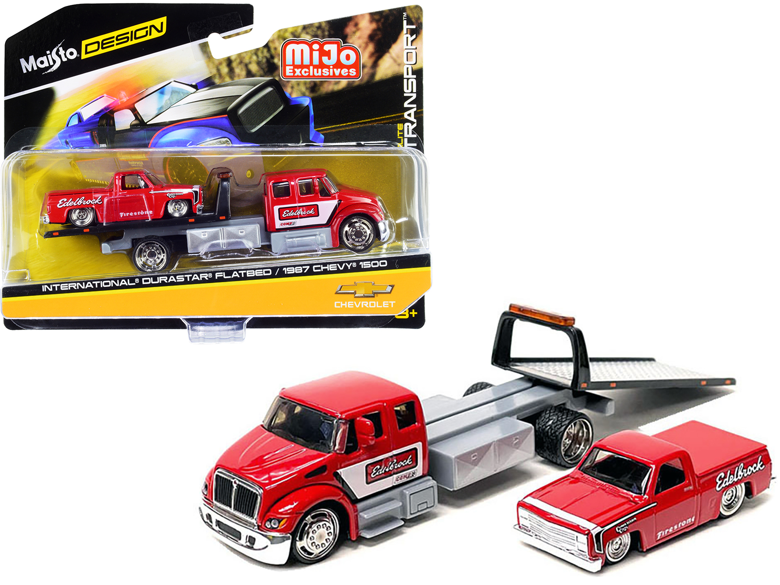 International DuraStar Flatbed Truck and 1987 Chevrolet 1500 Pickup Truck with Bed Cover Red with Graphics "Edelbrock" "Elite Transport" Series