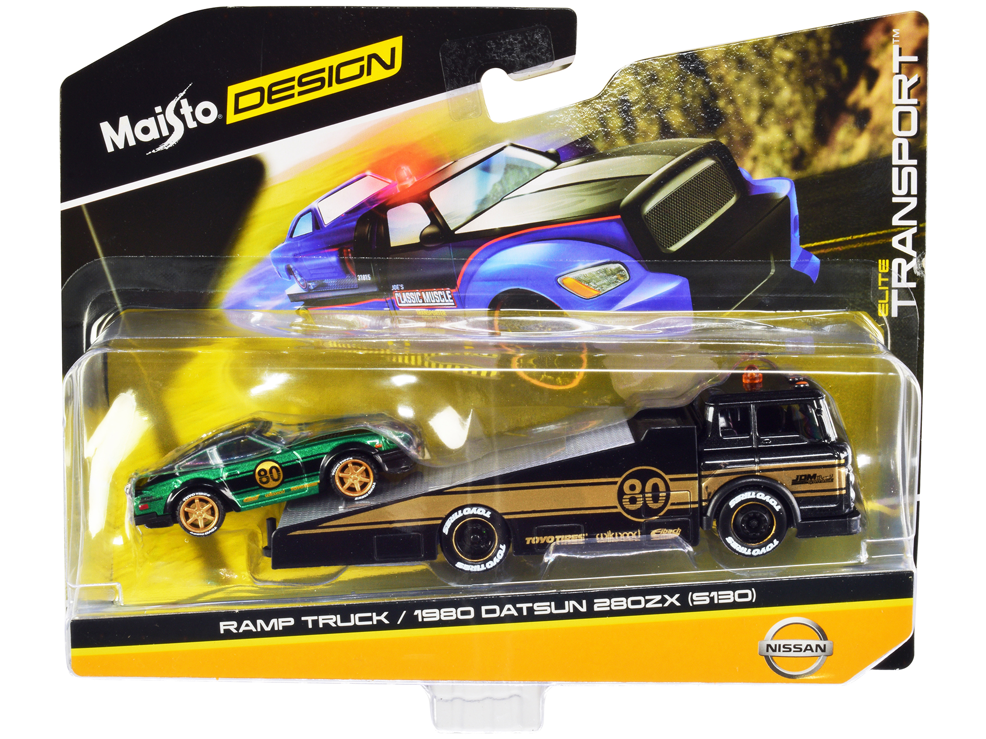 Ramp Truck #80 Dark Gray Metallic with Gold Metallic Stripes "JDM Garage" and 1980 Datsun 280ZX (S130) #80 Green Metallic with Stripes "Elite Transport" Series