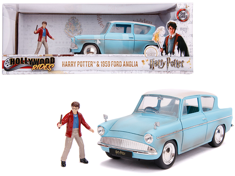 1959 Ford Anglia Light Blue (Weathered) with Harry Potter Diecast Figurine