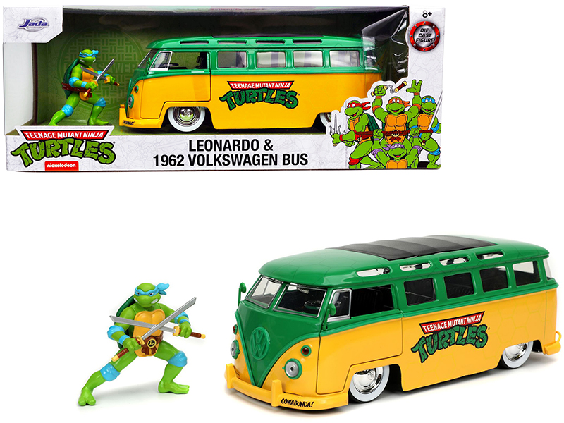 1962 Volkswagen Bus Yellow and Green with Leonardo Diecast Figurine "Teenage Mutant Ninja Turtles" TV Series