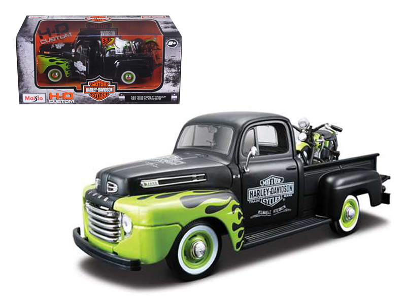 1948 Ford F-1 Pickup Truck "Harley Davidson" with 1948 Harley Davidson FL Panhead Motorcycle Black and Green