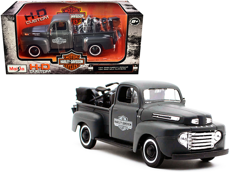 1948 Ford F-1 Pickup Truck and 1942 Harley-Davidson WLA Flathead Motorcycle Matt Dark Gray "Harley-Davidson Custom"
