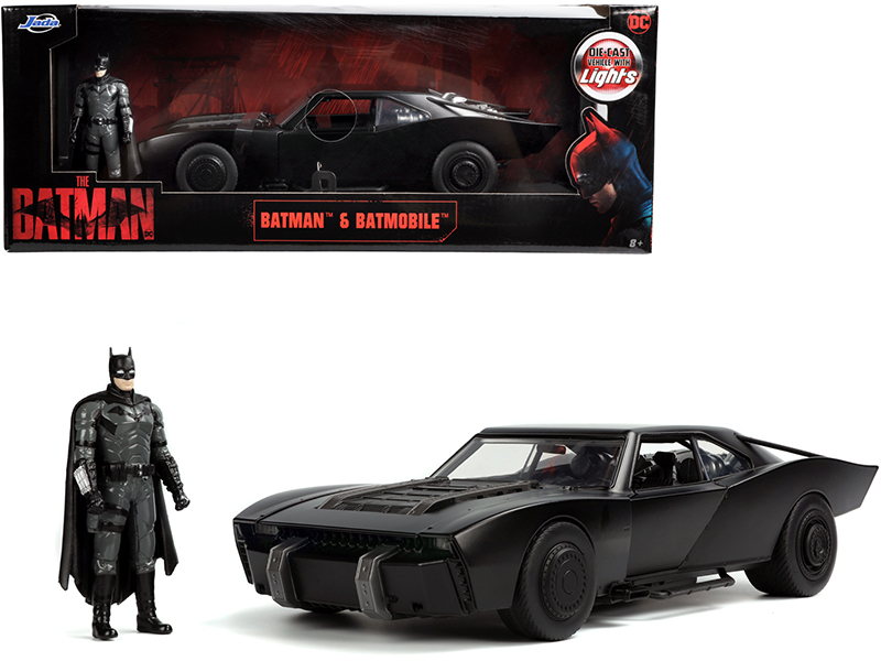 Batmobile Matt Black with Lights with Batman Diecast Figurine "The Batman" (2022) Movie "DC Comics"