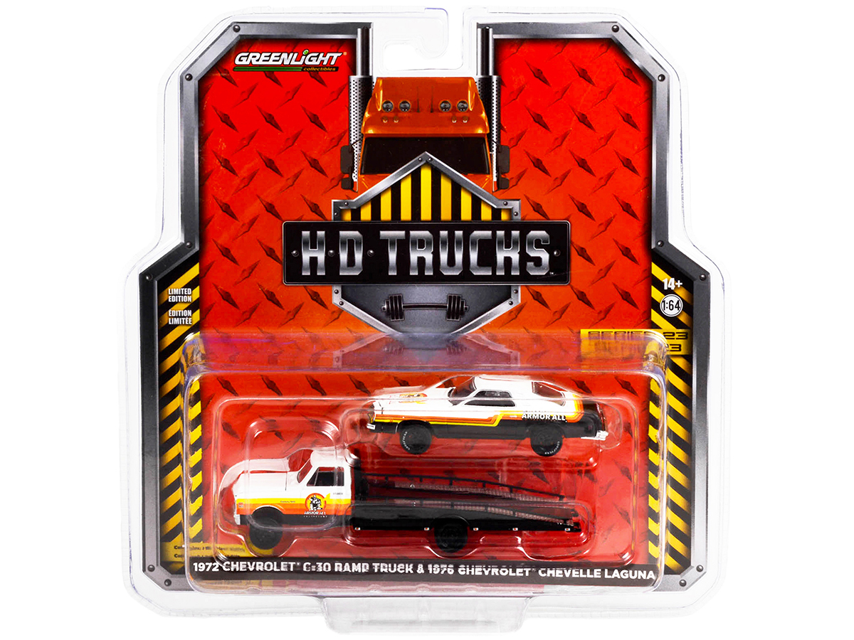 1972 Chevrolet C-30 Ramp Truck with 1976 Chevrolet Chevelle Laguna Black and White with Stripes "Armor All" "H.D. Trucks" Series 23