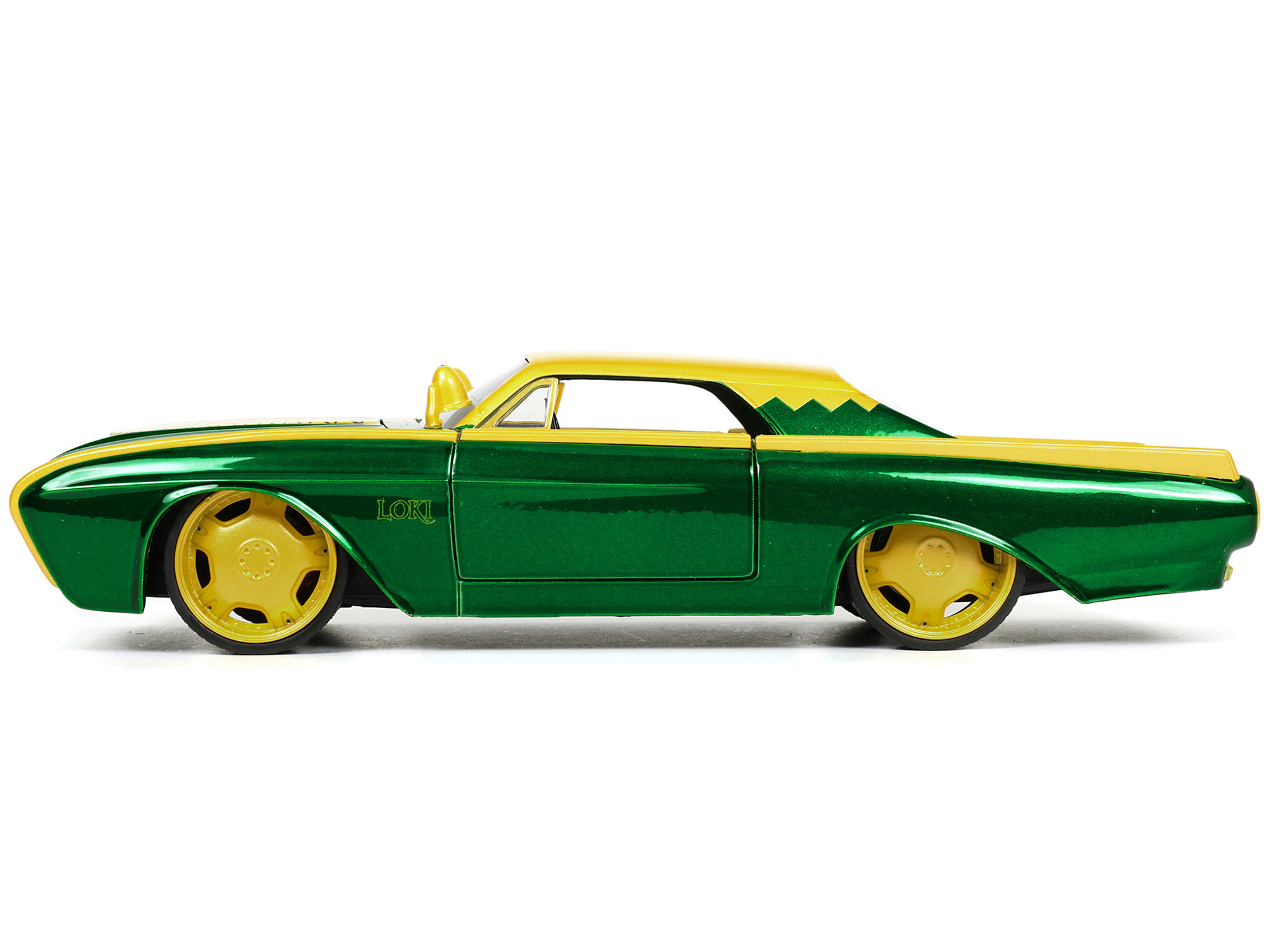 1963 Ford Thunderbird Green and Yellow Metallic with Hood Graphics and Loki Diecast Figure "Loki" "Marvel" Series