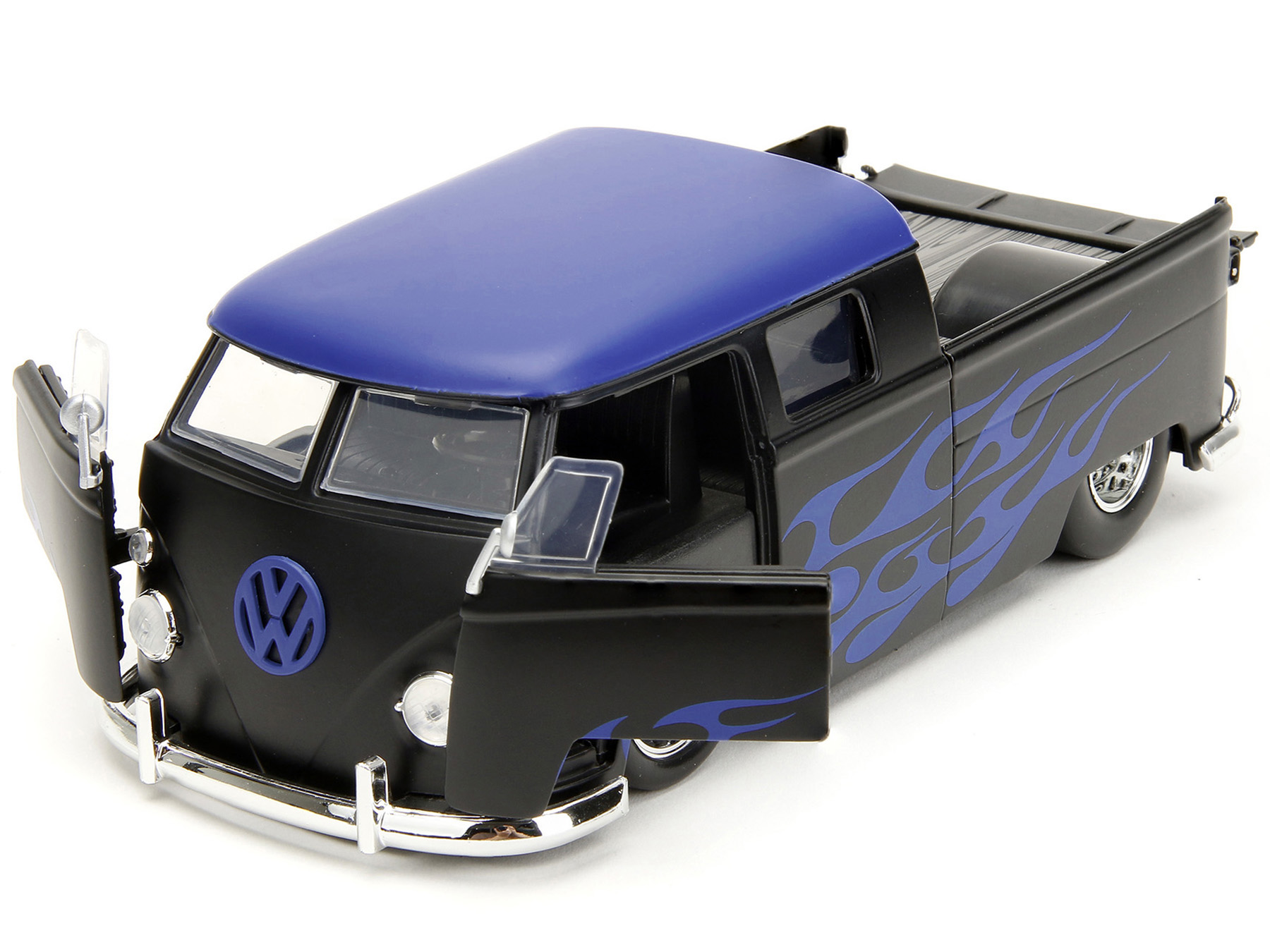 1963 Volkswagen Bus Pickup Truck Matt Black with Matt Blue Top and Flames Graphics "Punch Buggy" Series