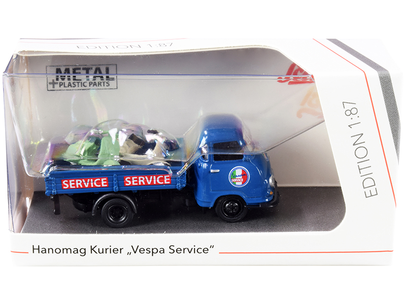 Hanomag Kurier Transporter "Vespa Service" Blue with 2 Vespas (Green and Cream)