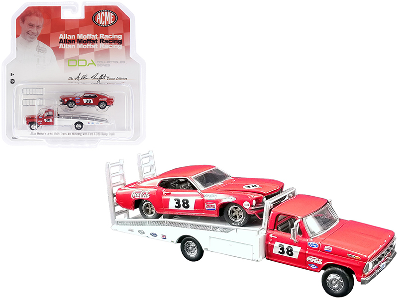 Ford F-350 Ramp Truck #38 Red and White with 1969 Ford Mustang Trans Am #38 Red "Coca-Cola" Allan Moffat Racing "DDA Collectibles" Series "ACME Exclusive"