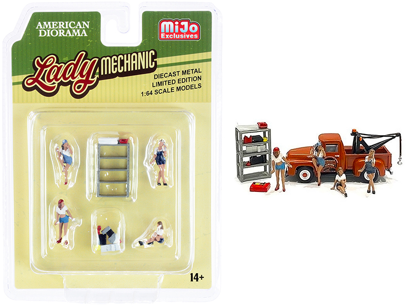 "Lady Mechanic" 6 piece Diecast Set (4 Figurines and 2 Accessories) for