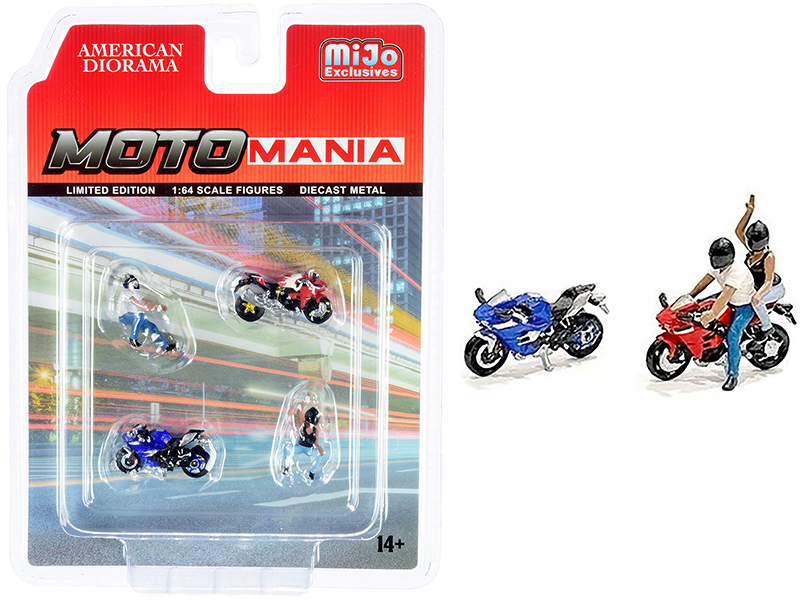 "Motomania" 4 piece Diecast Set (2 Figurines and 2 Motorcycles) for
