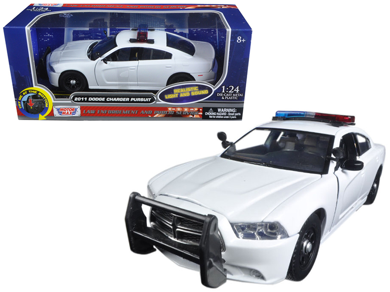 2011 Dodge Charger Pursuit Police Car White with Flashing Light Bar, Front and Rear Lights and 2 Sounds