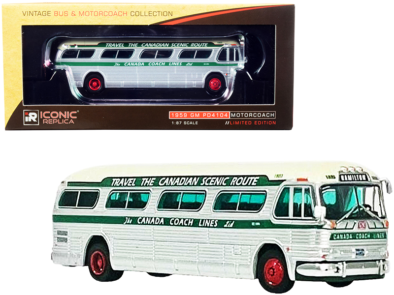 1959 GM PD4104 Motorcoach Bus "Hamilton" "Canada Coach Lines" Silver and Cream with Green Stripes "Vintage Bus & Motorcoach Collection"