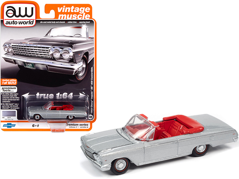 1962 Chevrolet Impala SS 409 Convertible Satin Silver Metallic with Red Interior "Vintage Muscle" Limited Edition to 10312 pieces Worldwide