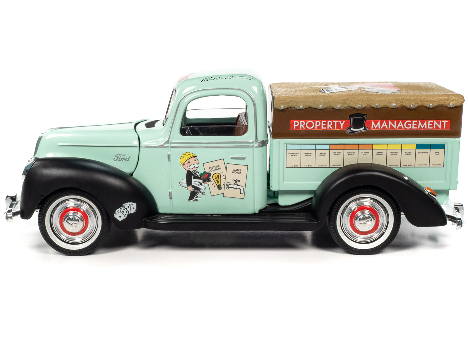 1940 Ford Pickup Truck "Property Management" Light Green with Graphics and Mr. Monopoly Construction Resin Figure "Monopoly"