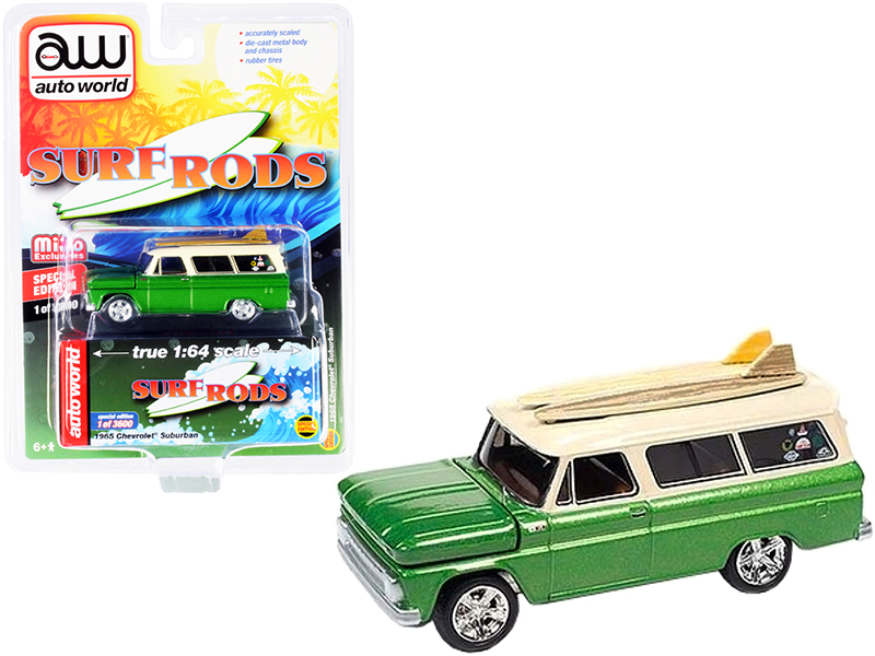 1965 Chevrolet Suburban Green Metallic and Cream with Two Surfboards "Surf Rods" Limited Edition to 3600 pieces Worldwide