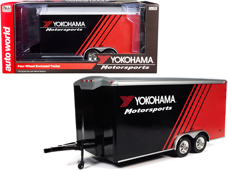 Four Wheel Enclosed Car Trailer "Yokohama Motorsports" Black and Red for