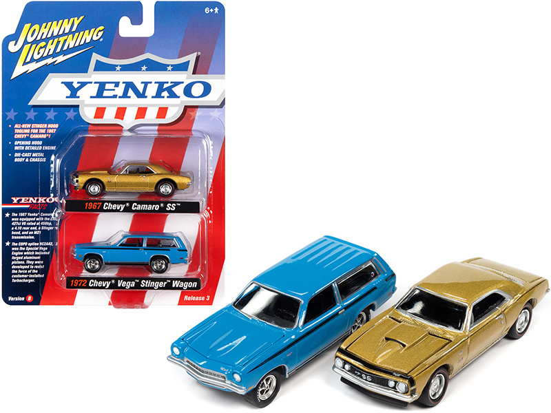 1967 Chevrolet Camaro SS Gold Metallic and 1972 Chevrolet Vega Stinger Wagon Blue "YENKO" Set of 2 Cars