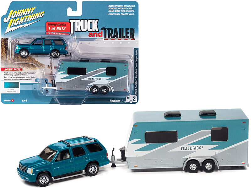 2005 Cadillac Escalade Teal Metallic with Camper Trailer Limited Edition to 6012 pieces Worldwide "Truck and Trailer" Series