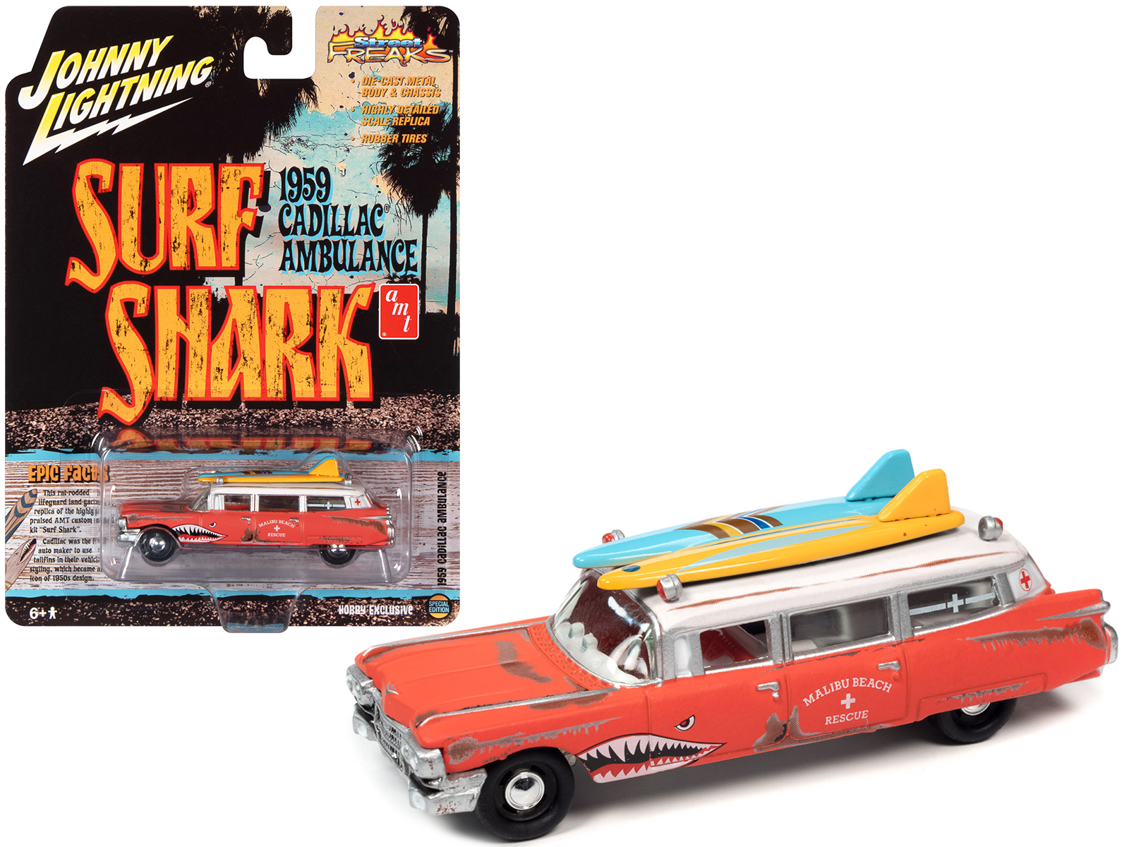 1959 Cadillac Ambulance Red with White Top "Malibu Beach Rescue" (Weathered) with Surfboards on Roof "Surf Shark" "Street Freaks" Series