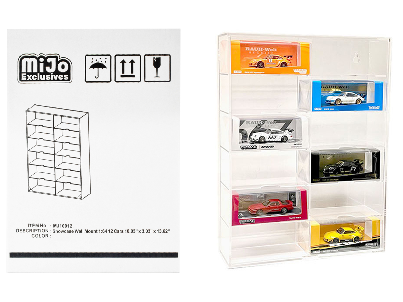 Showcase 12 Car Display Case Wall Mount with Clear Back Panel and Extra Space "Mijo Exclusives" for