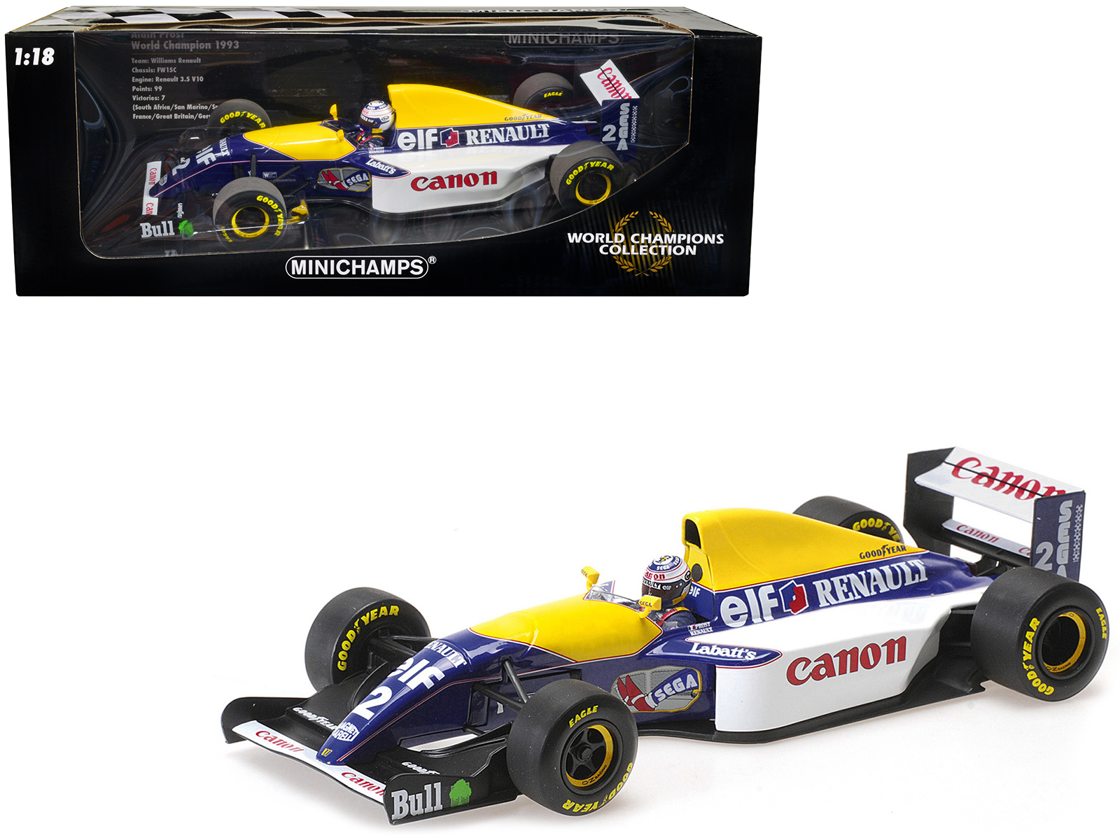 Williams Renault FW15C #2 Alain Prost "Canon" Winner F1 Formula One World Championship (1993) with Driver Limited Edition