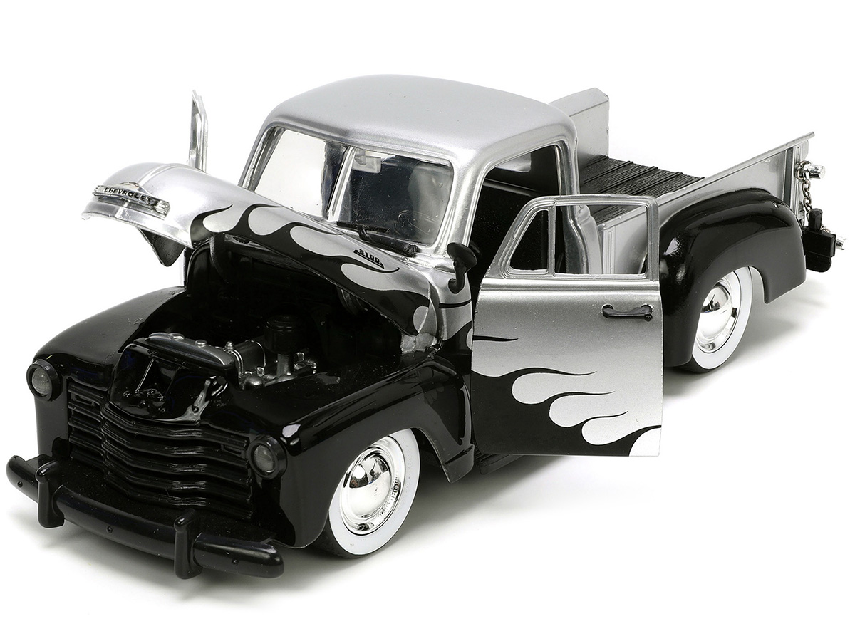 1953 Chevrolet 3100 Pickup Truck Silver Metallic with Black Flames with Extra Wheels "Just Trucks" Series