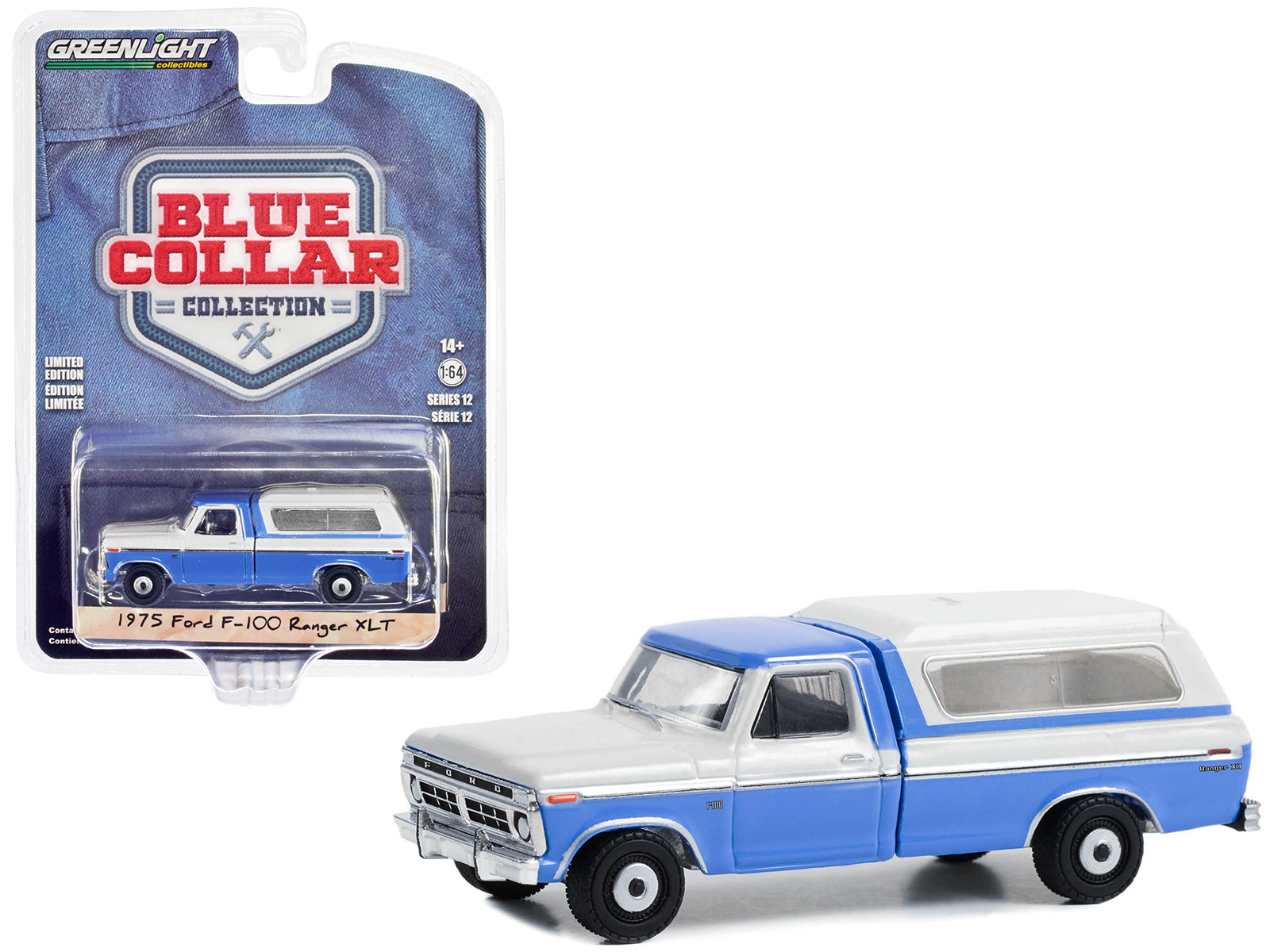 1975 Ford F-100 Ranger XLT Pickup Truck with Camper Shell Wind Blue and Wimbledon White "Blue Collar Collection" Series 12