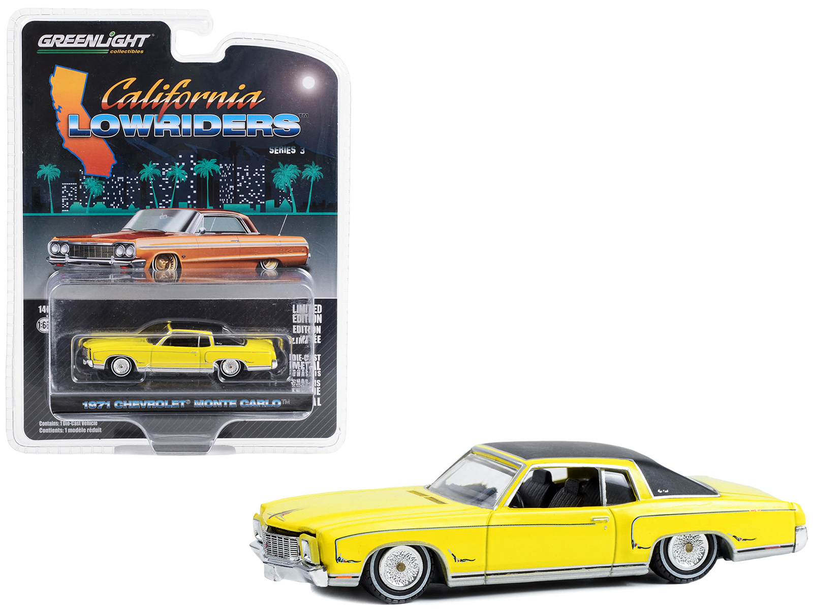1971 Chevrolet Monte Carlo Lowrider Sunflower Yellow with Black Top "California Lowriders" Series 3