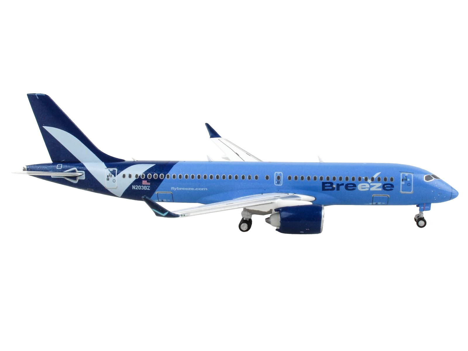 Airbus A220-300 Commercial Aircraft "Breeze Airways" Blue with White Wings 1/400 Airplane by GeminiJets