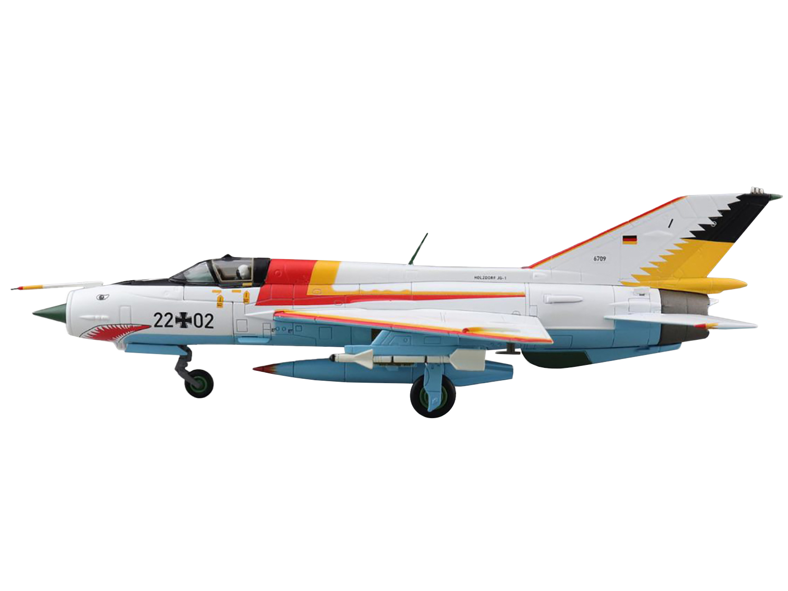 Mikoyan-Gurevich MIG-21SPS "The White Shark" Fighter Aircraft "22+02 JG-1 Drewitz Air Base Germany" (1990) "Air Power Series" 1/72 by Hobby Master