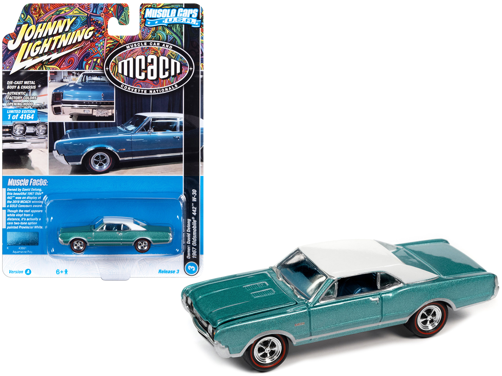 1967 Oldsmobile 442 W-30 Aquamarine Metallic with White Top "MCACN (Muscle Car and Corvette Nationals)" Limited Edition to 4164 pieces Worldwide "Muscle Cars USA" Series