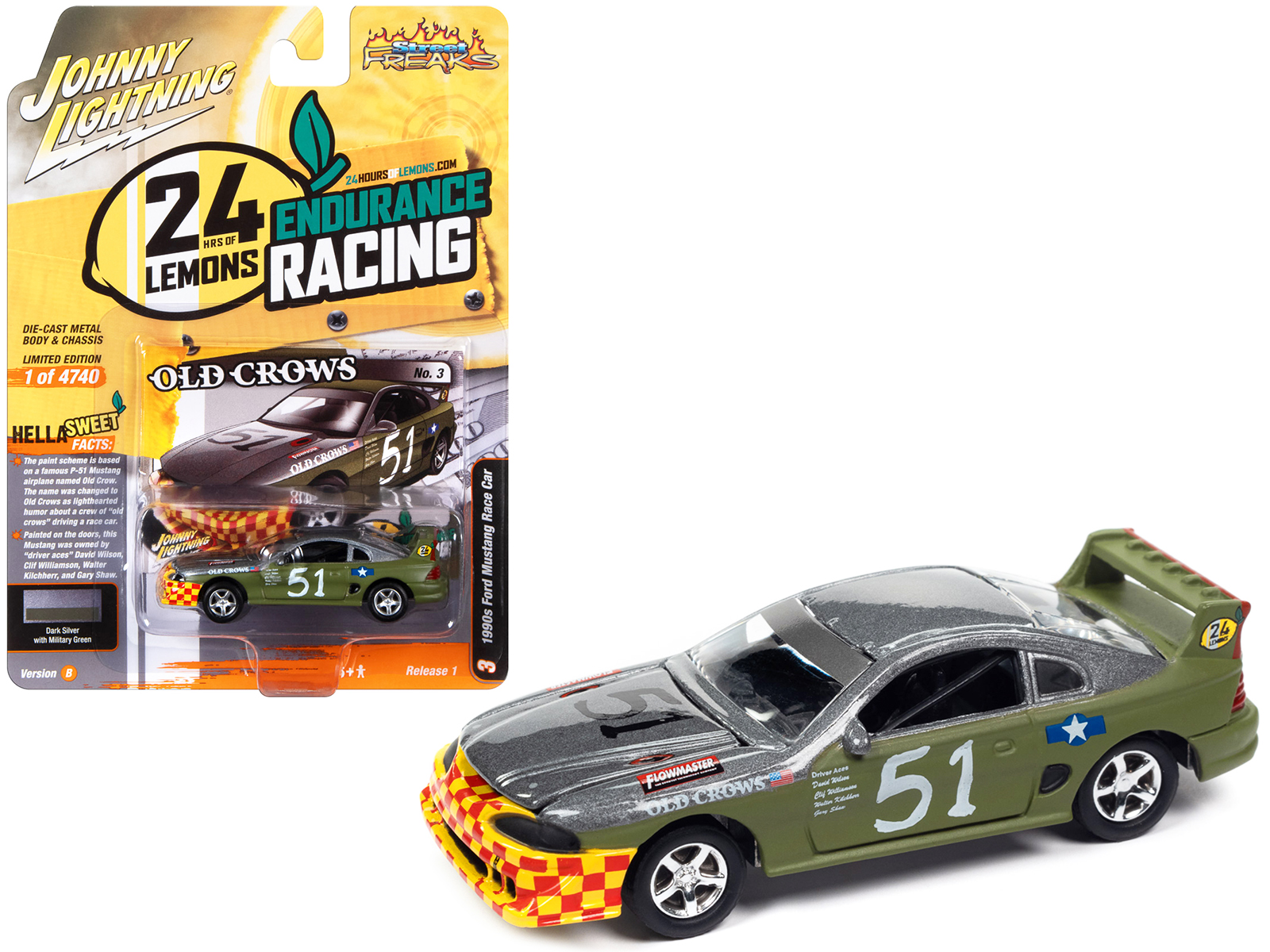1990s Ford Mustang Race Car #51 Military Green and Dark Silver Metallic "Old Crows" "24 Hours of Lemons" Limited Edition to 4740 pieces Worldwide "Street Freaks" Series