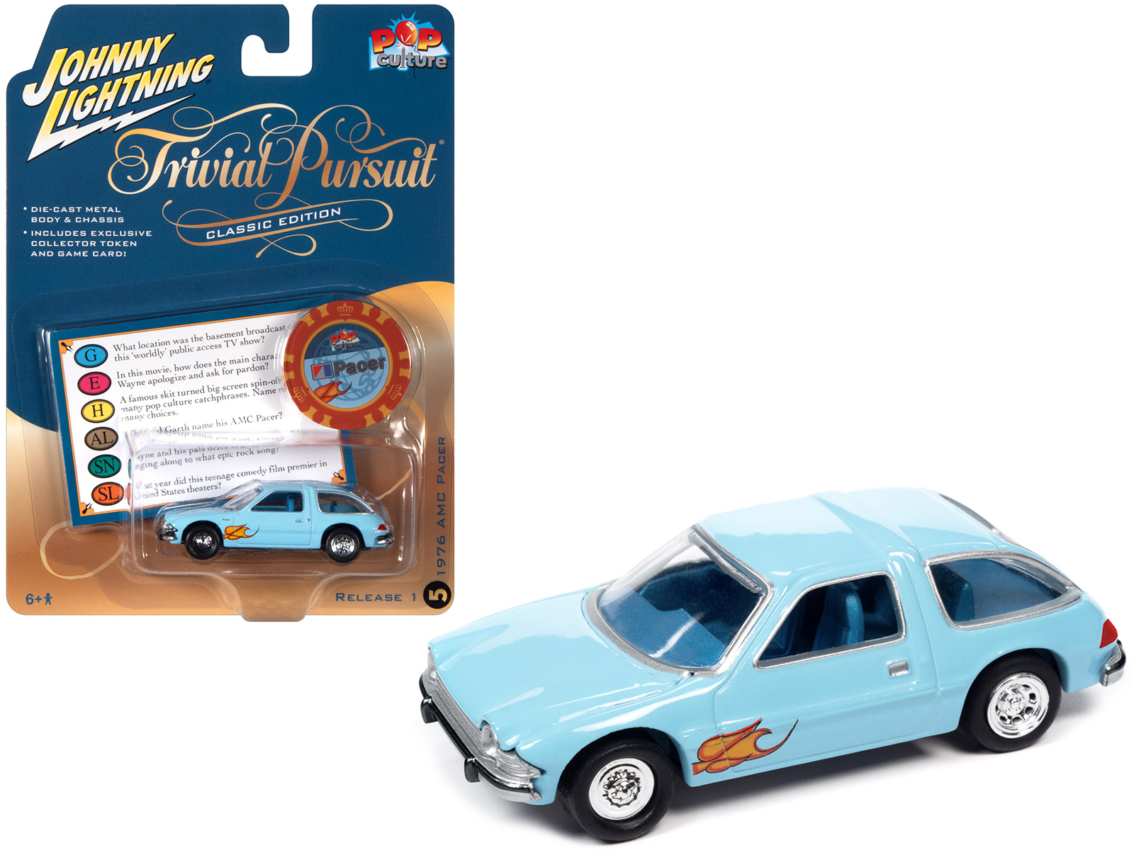 1976 AMC Pacer Light Blue with Flames with Poker Chip and Game Card "Trivial Pursuit" "Pop Culture" 2023 Release 1