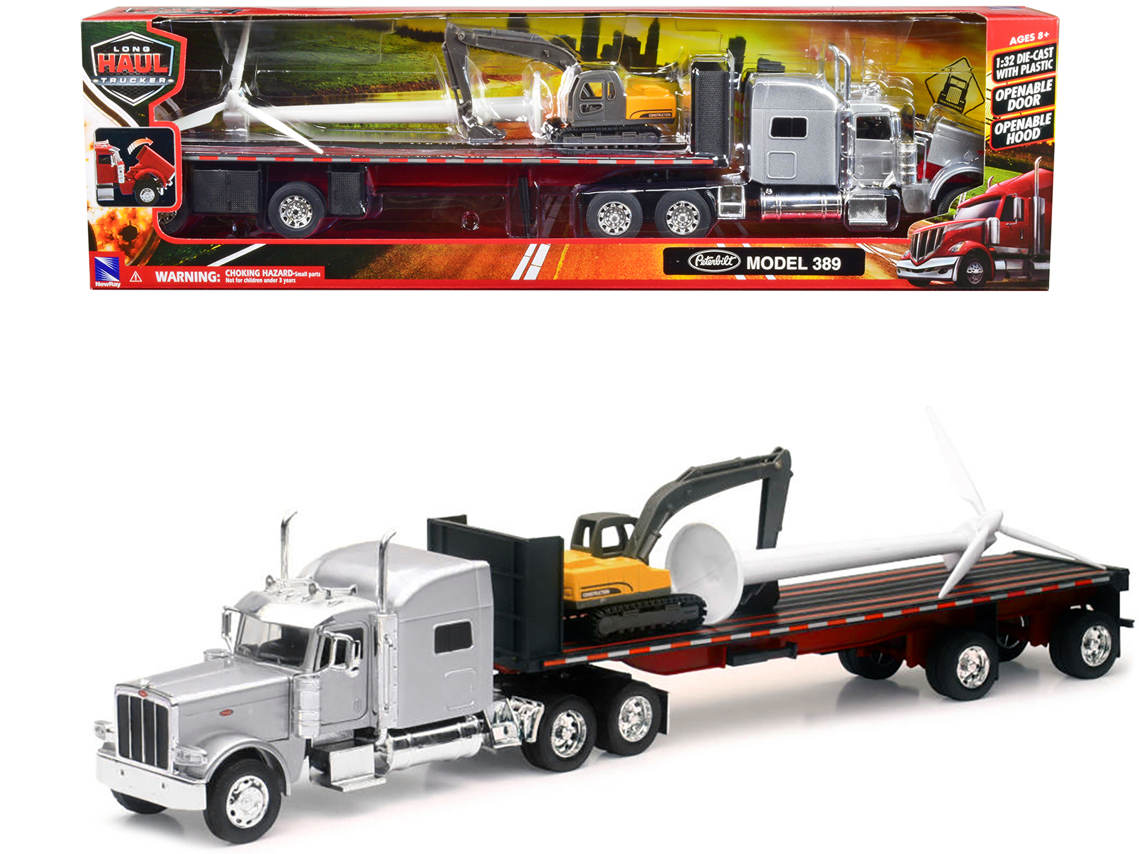 Peterbilt 389 Truck with Flatbed Trailer Silver Metallic with Excavator and Wind Turbine "Long Haul Truckers" Series