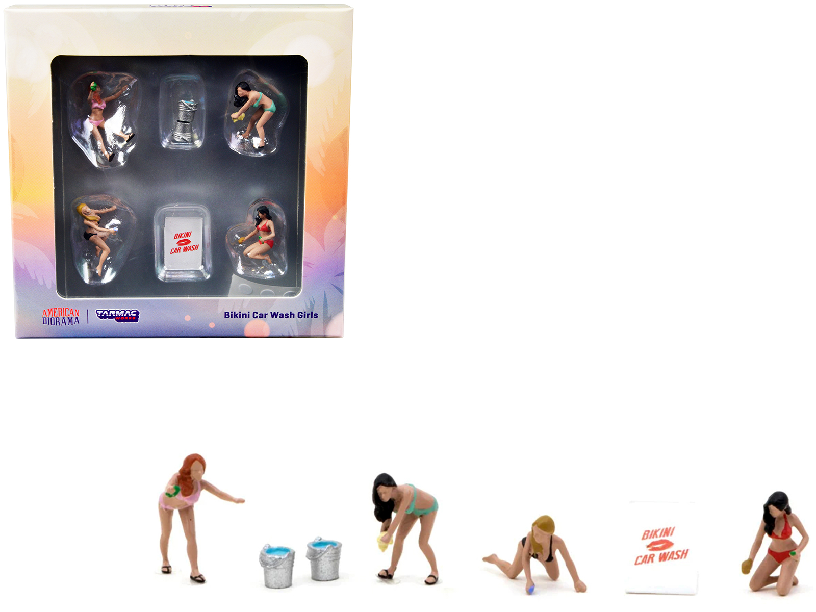 "Bikini Car Wash Girls" 6 Piece Diecast Figure Set (4 Figures and 2 Accessories) for
