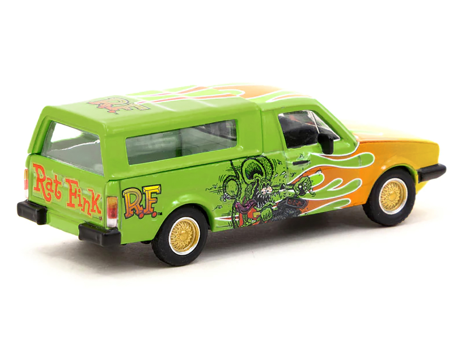 Volkswagen Caddy Pickup Truck with Camper Shell Green with Flames and Graphics "Rat Fink" "Collab64" Series