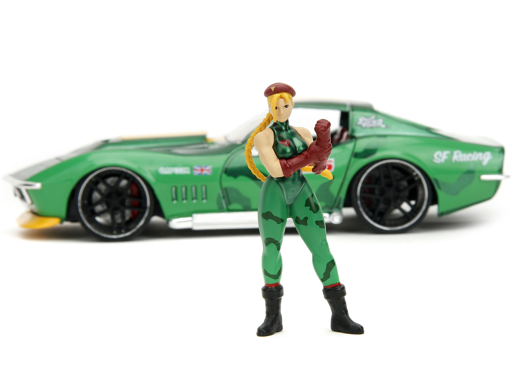 1969 Chevrolet Corvette Stingray ZL1 Green Metallic with Yellow Stripes and Cammy Diecast Figure "Street Fighter" Video Game "Anime Hollywood Rides" Series