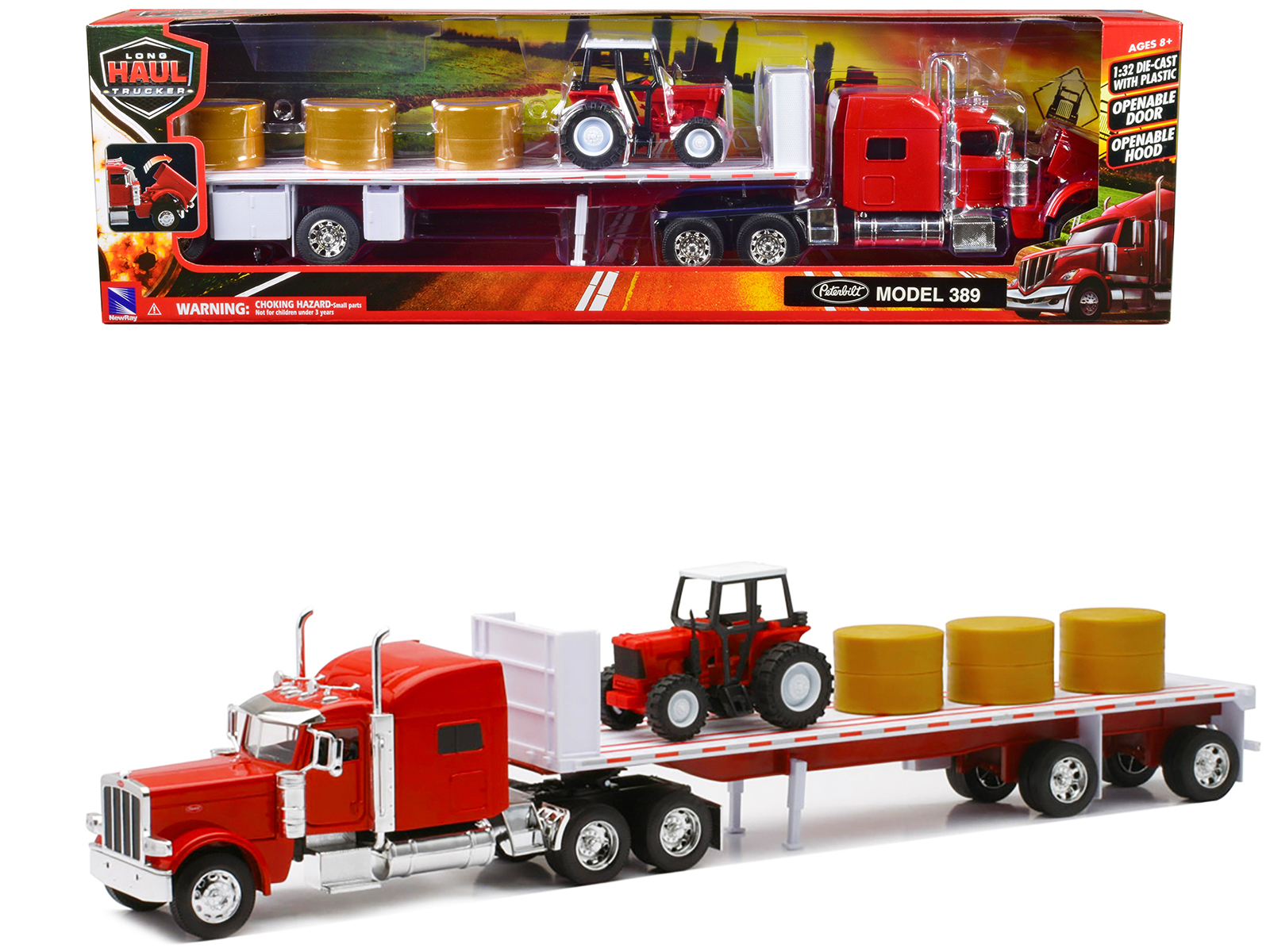 Peterbilt 389 Flatbed Truck Red with Farm Tractor Red and Hay Bales "Long Haul Trucker" Series