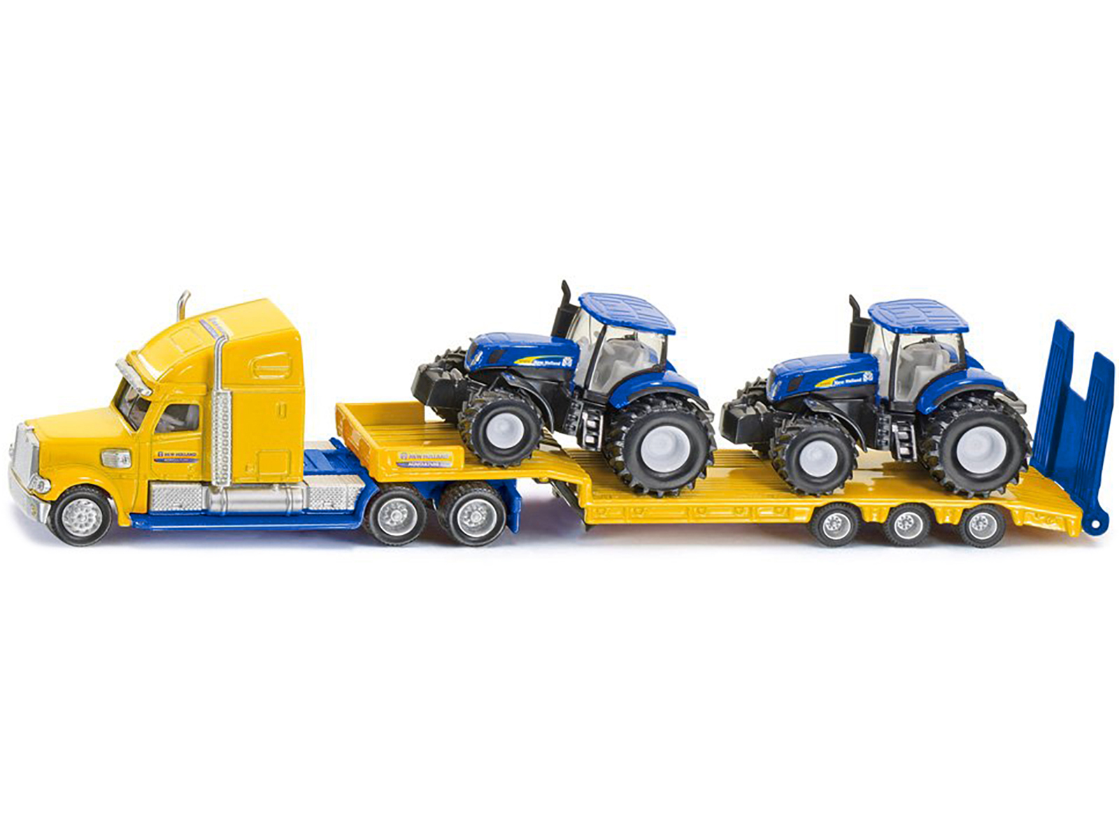 Tractor Truck Yellow with 2 New Holland T7070 Tractors Blue