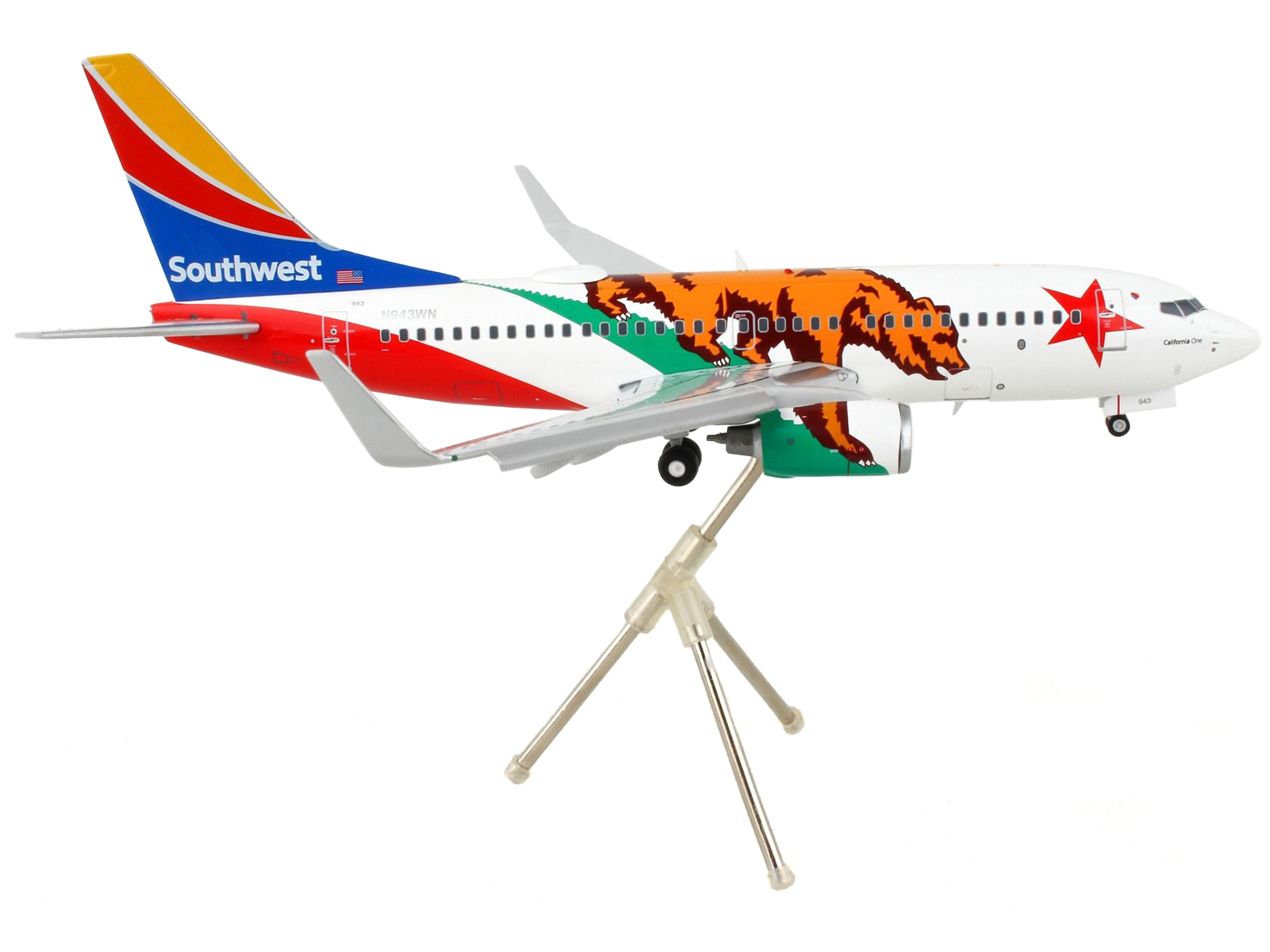 Boeing 737-700 Commercial Aircraft with Flaps Down "Southwest Airlines - California One" California Flag Livery "Gemini 200" Series 1/200 Airplane by GeminiJets