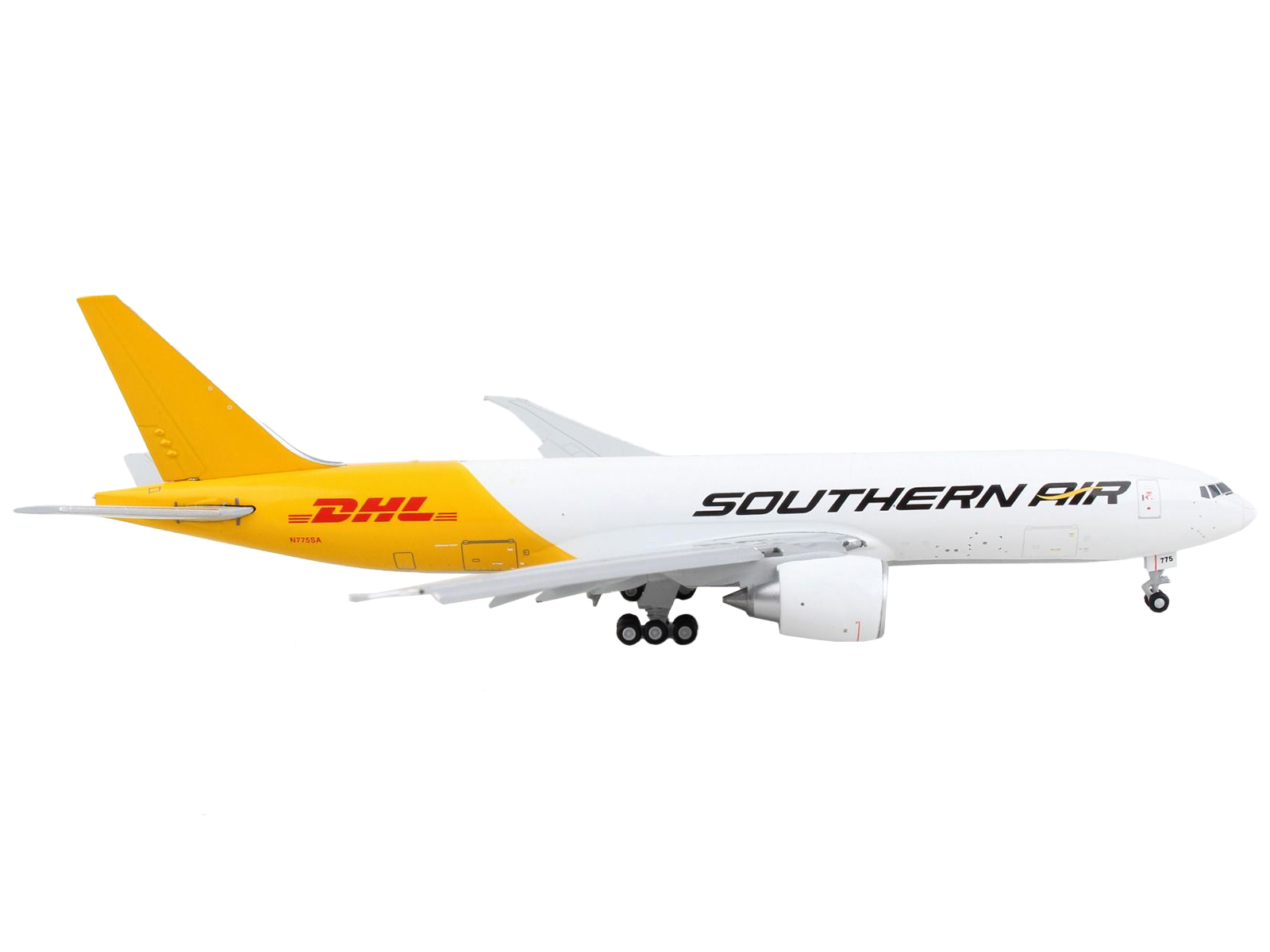 Boeing 777F Commercial Aircraft with Flaps Down "Southern Air - DHL" White and Yellow 1/400 Airplane by GeminiJets
