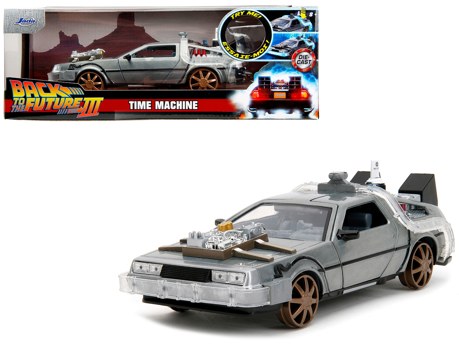 DeLorean Brushed Metal Time Machine (Train Wheel Version) with Lights "Back to the Future Part III" (1990) Movie "Hollywood Rides" Series