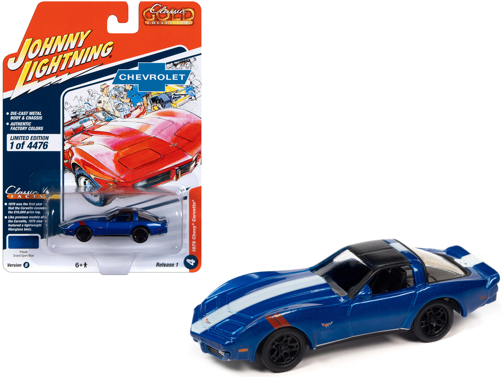 1979 Chevrolet Corvette Grand Sport Blue Metallic with White Stripes and Black Top "Classic Gold Collection" 2023 Release 1 Limited Edition to 4476 pieces Worldwide