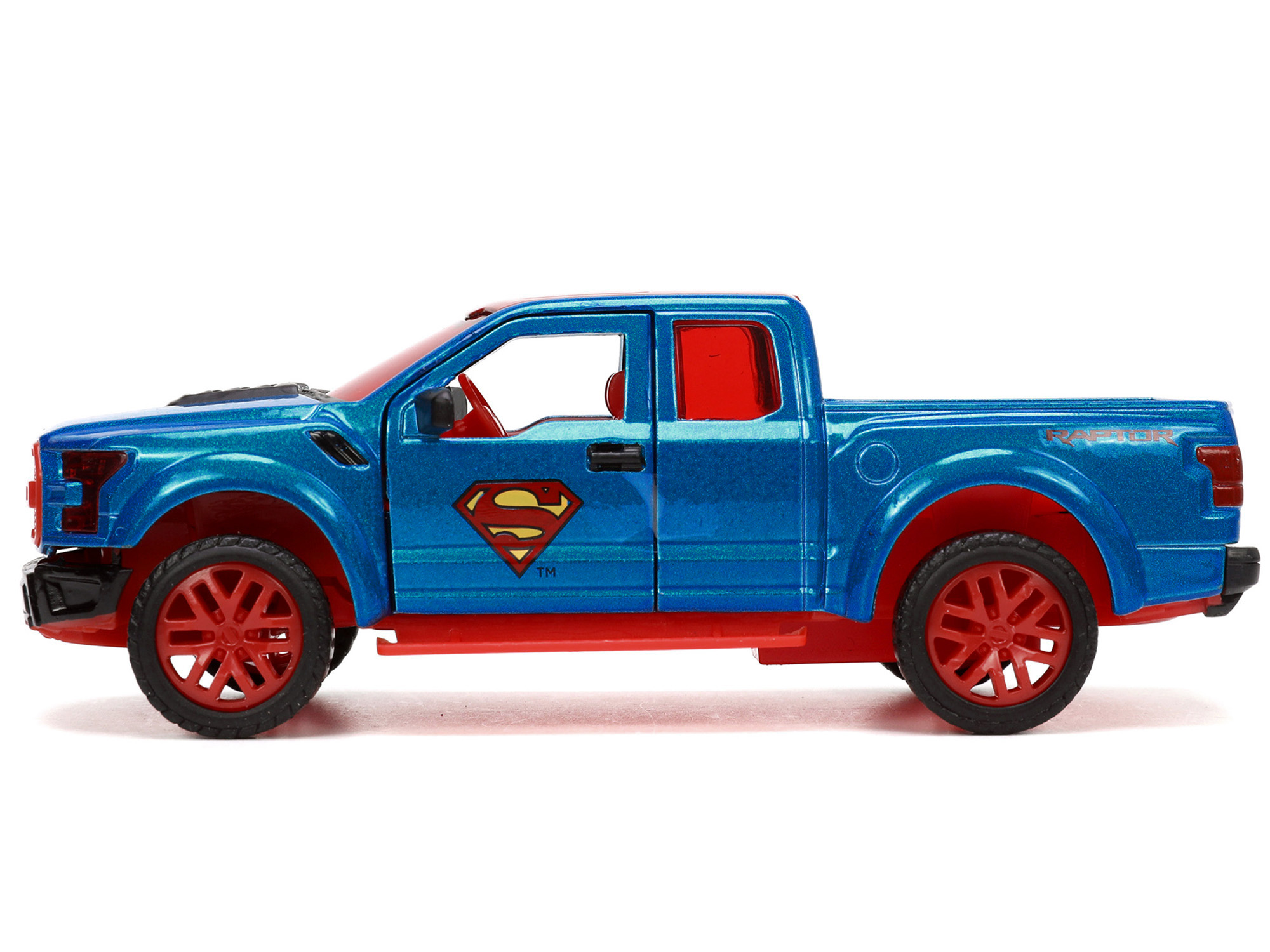 2017 Ford F-150 Raptor Pickup Truck Blue Metallic and Red with Red Interior and Superman Diecast Figure "DC's Superman" "Hollywood Rides" Series