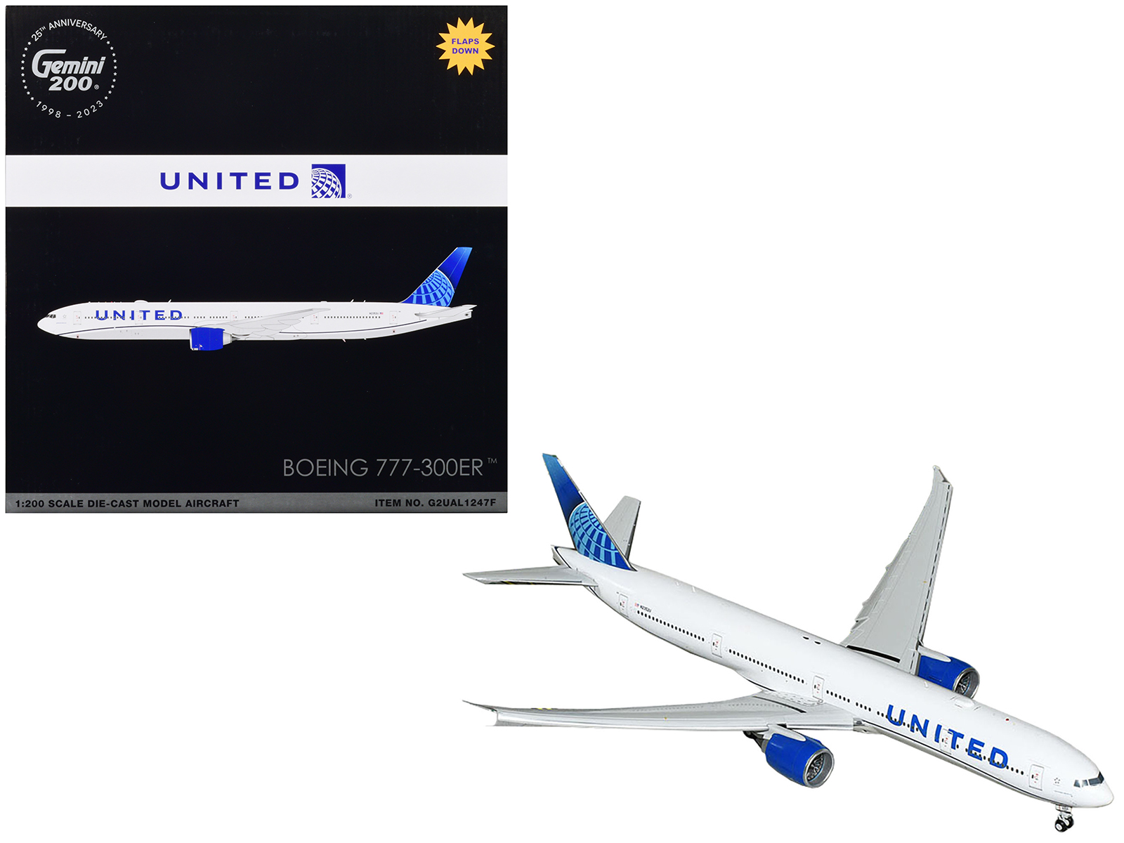 Boeing 777-300ER Commercial Aircraft with Flaps Down "United Airlines" White with Blue Tail "Gemini 200" Series 1/200 Airplane by GeminiJets