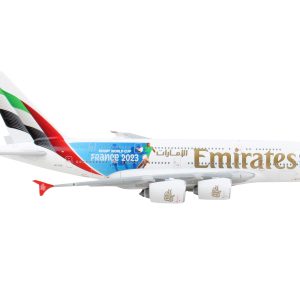 Airbus A380-800 Commercial Aircraft "Emirates Airlines - 2023 Rugby World Cup Sponsor" White with Striped Tail 1/400  Airplane by GeminiJets
