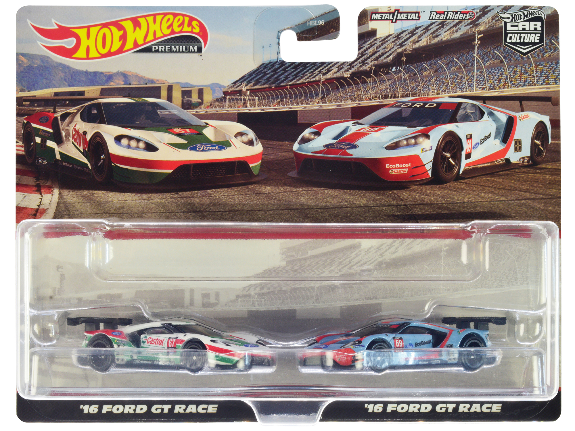 2016 Ford GT Race #67 White with Green and Red Stripes and 2016 Ford GT Race #69 Light Blue Metallic with Orange Stripes "Car Culture" Set of 2 Cars s by Hot Wheels