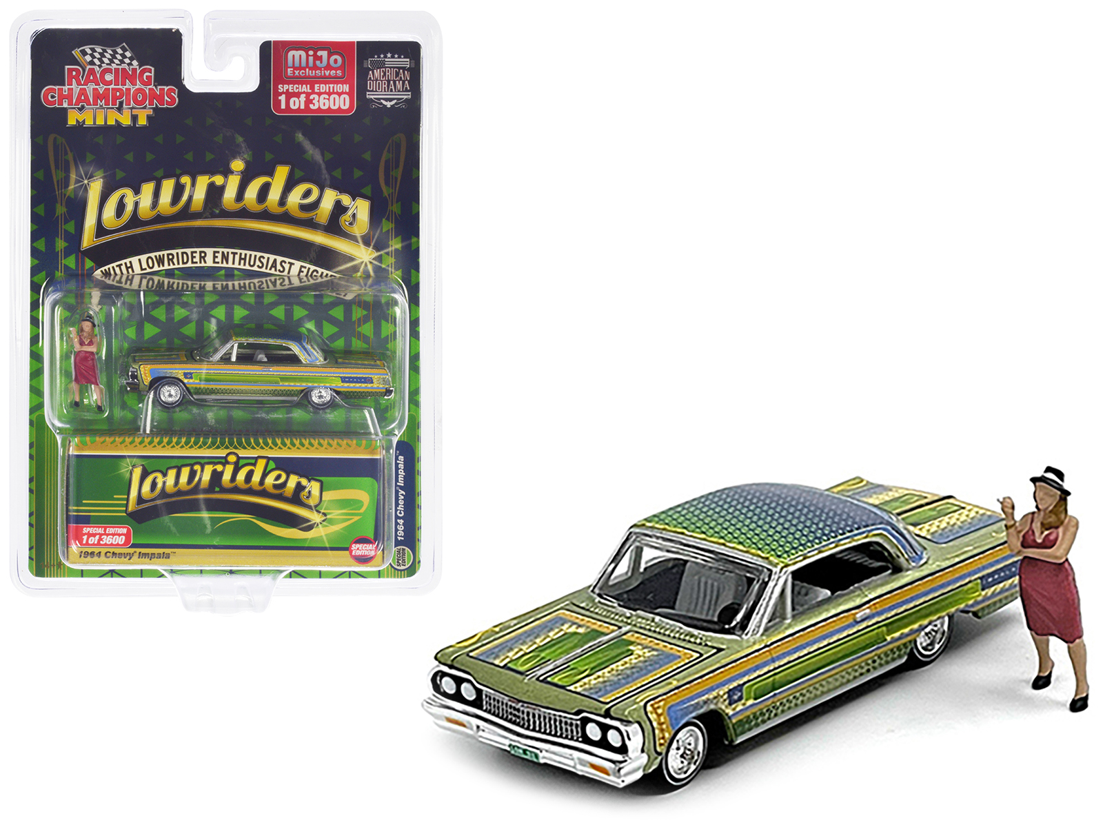 1964 Chevrolet Impala Lowrider Green Metallic with Graphics and Diecast Figure Limited Edition to 3600 pieces Worldwide