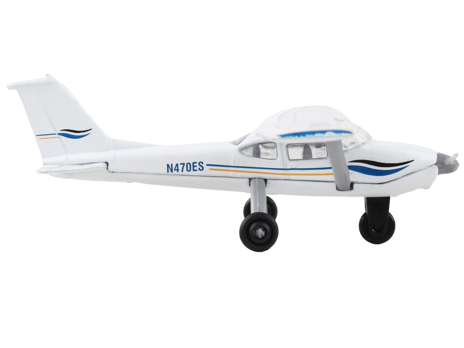 Cessna 172 Aircraft White with Blue and Yellow Stripes "N470ES" with Runway 24 Sign Airplane by Runway24